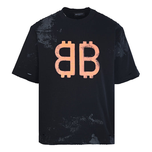 Balenciaga Double-B Bitcoin Hand-Painted Distressed Crewneck T-Shirt