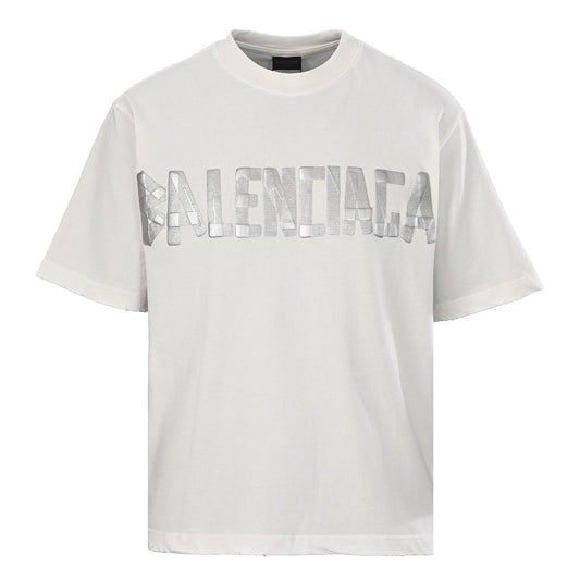 Balenciaga Silver Raised Tape Logo T-Shirt – White