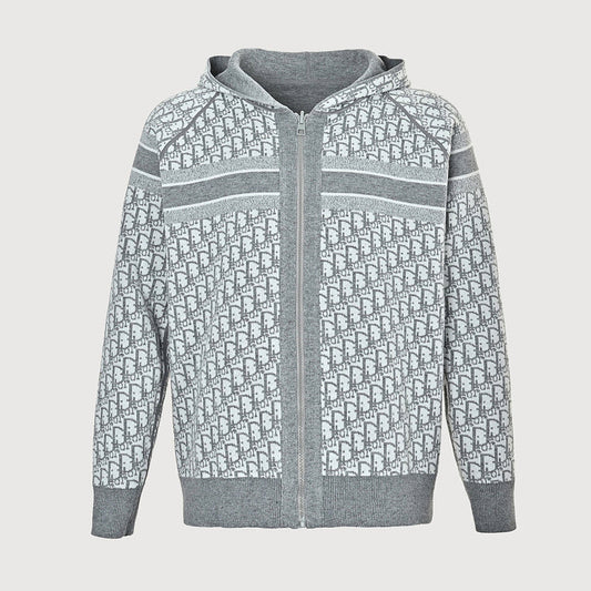 Dior Oblique Reversible Hooded Zip Jacket in Grey Cashmere Knit