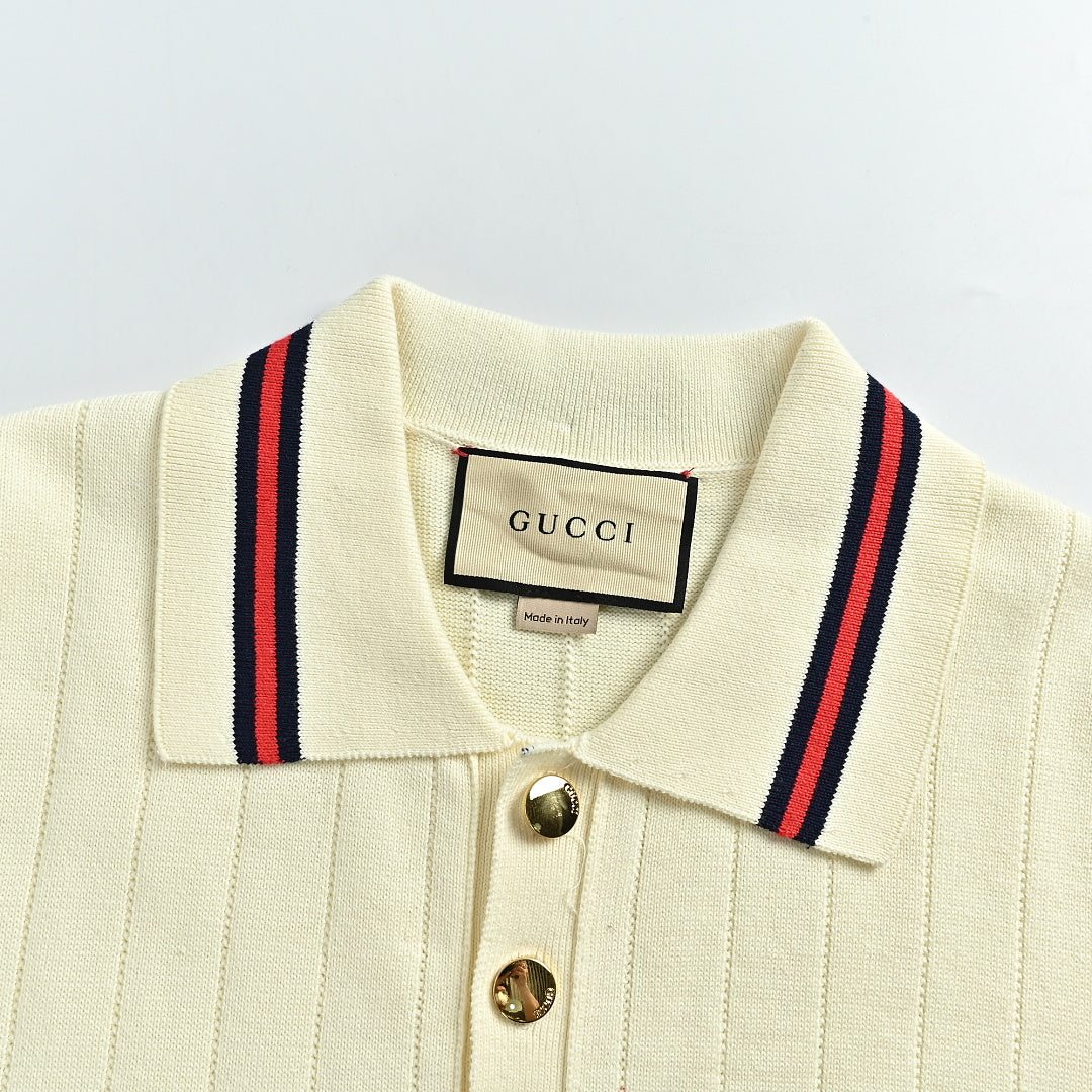 Gucci 2026 Web Stripe Knit Polo — Ivory | Made in Italy