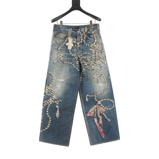 Acne Studios Chain Print Dyed Distressed Denim Trousers