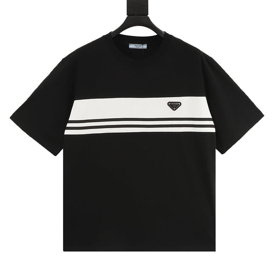 Prada Stripe-Panel Triangle Logo T-Shirt