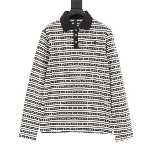 Chrome Hearts Cross Stripe Long-Sleeve Polo Shirt — Black & White
