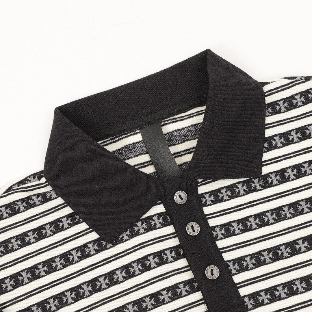 Chrome Hearts Cross Stripe Long-Sleeve Polo Shirt — Black & White