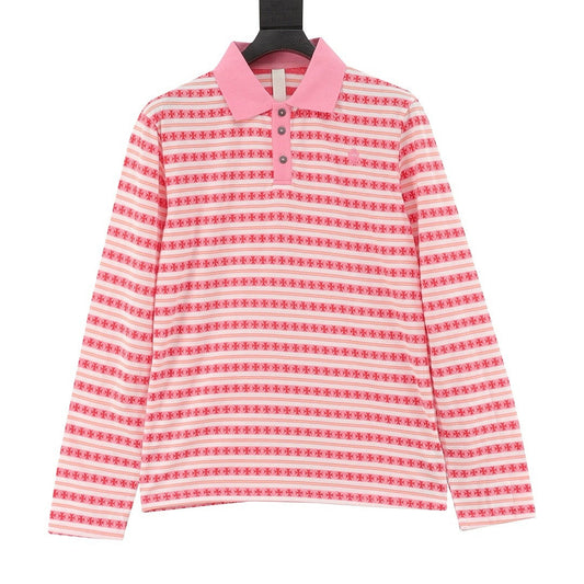 Chrome Hearts Cross Stripe Long-Sleeve Polo Shirt —Pink