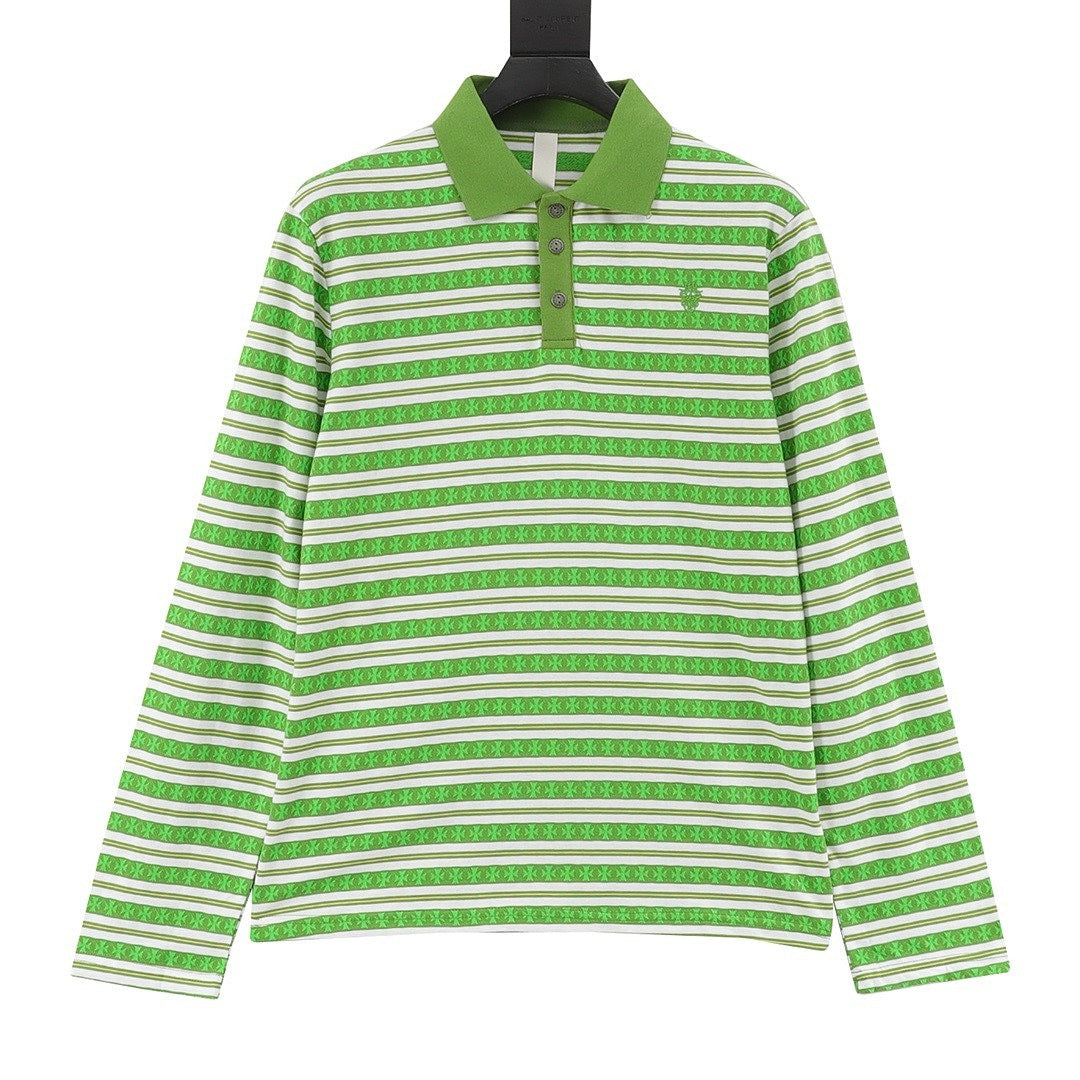 Chrome Hearts Cross Stripe Long-Sleeve Polo Shirt — Green