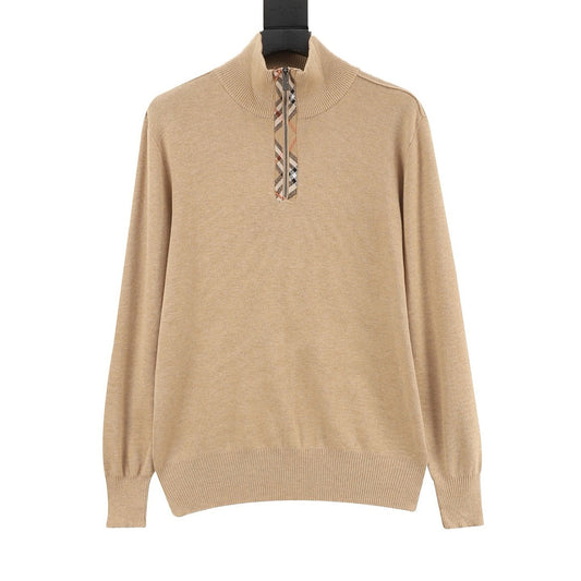 Burberry Vintage Check Half-Zip Knit Sweater — Camel