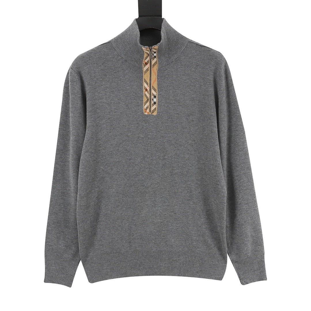 Burberry Vintage Check Half-Zip Knit Sweater — Grey Melange