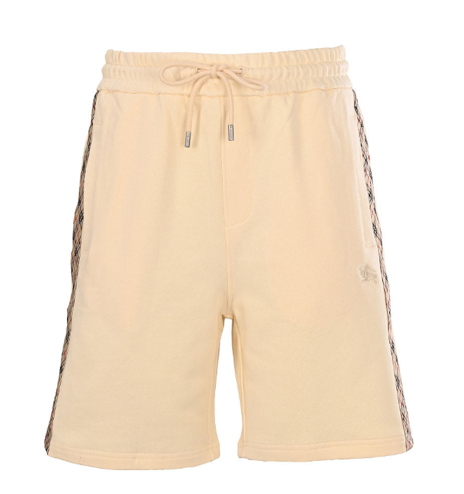 Beige drawstring shorts with dark contrast side trim and embroidered detail